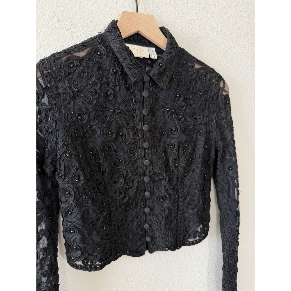 Vintage Cache Bolero Western Black Beaded Sheer Lace Cropped Cardigan Witchy Med - Picture 3 of 9